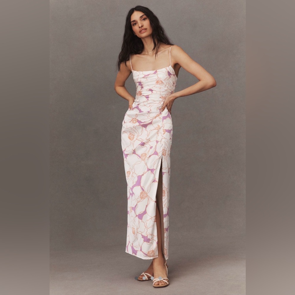 Hutch Luxe Sleeveless Ruched Side-Slit Satin Maxi Dress